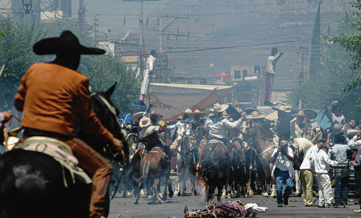 Celebración de la Jerezada con charros y caballos recorriendo las calles empedradas de Jerez de García Salinas, Zacatecas